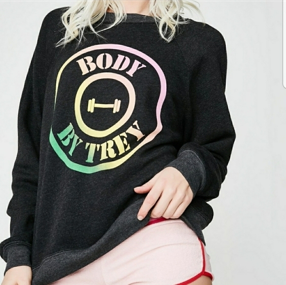 NEW‎ Wildfox Oversized Graphic Sweatshirt XS Body By Trey 80s Crew Neck Grey NWT - Picture 1 of 7